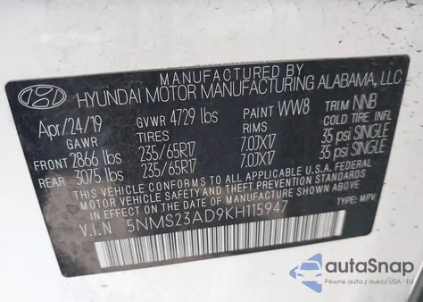 2019 Hyundai Santa Fe Se z USA, uszkodzony, nr VIN 5NMS23AD9KH115947